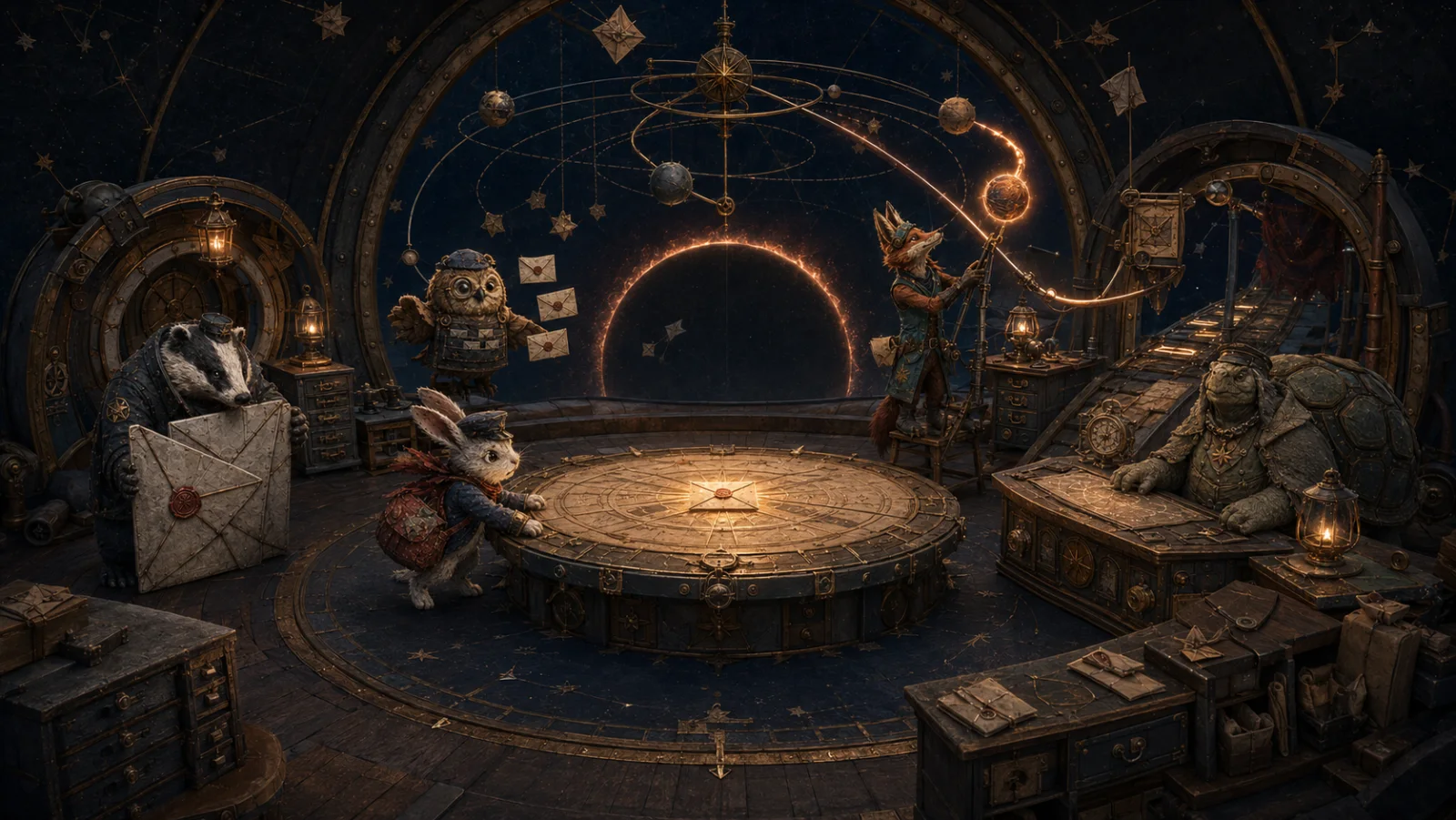 Animal couriers gather around a glowing letter in the orbital post office