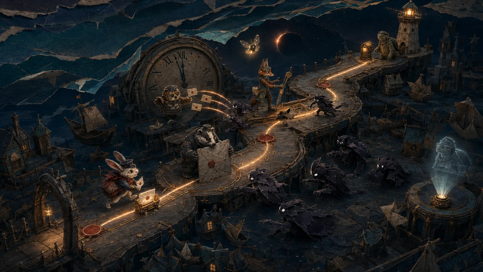 Animal couriers escort a glowing letter through a layered paper city